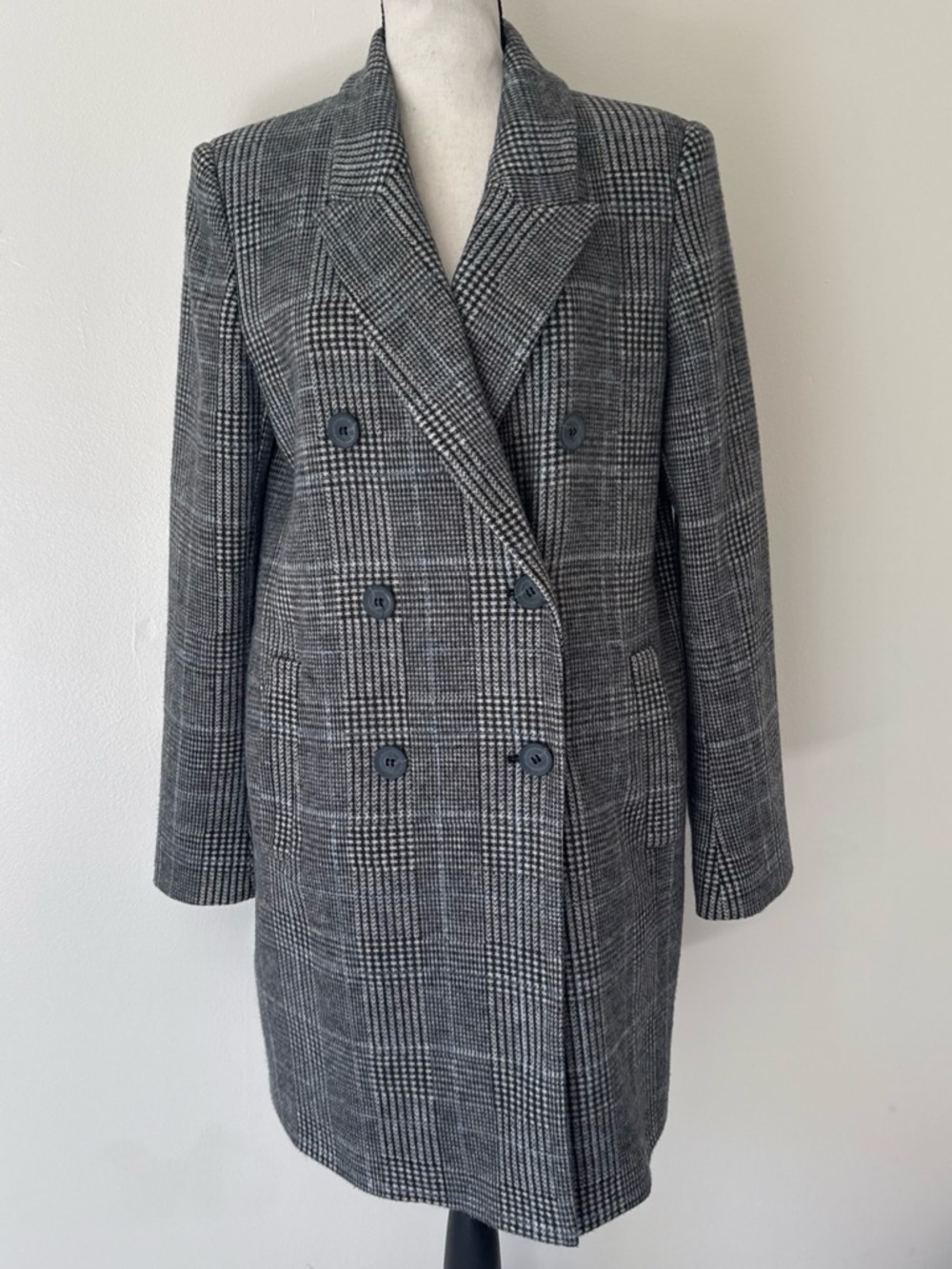 Zara Grey Plaid Double-Breasted Pea Coat